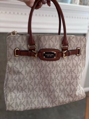 Michael Kors Beige MK Logo Tote with Brown Leather Handles